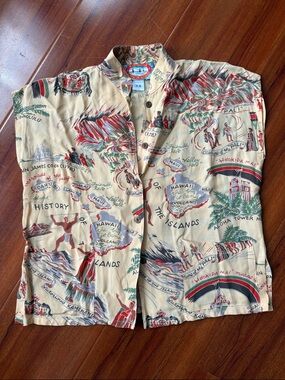 Kilauea Hawaiian Hawaii sites people kamehameha shirt mandarin collar XS rayon